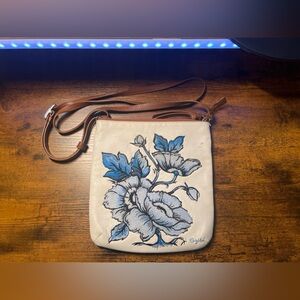 Brighton Leather Crossbody Bag Blue Floral Embroidered Brown Strap